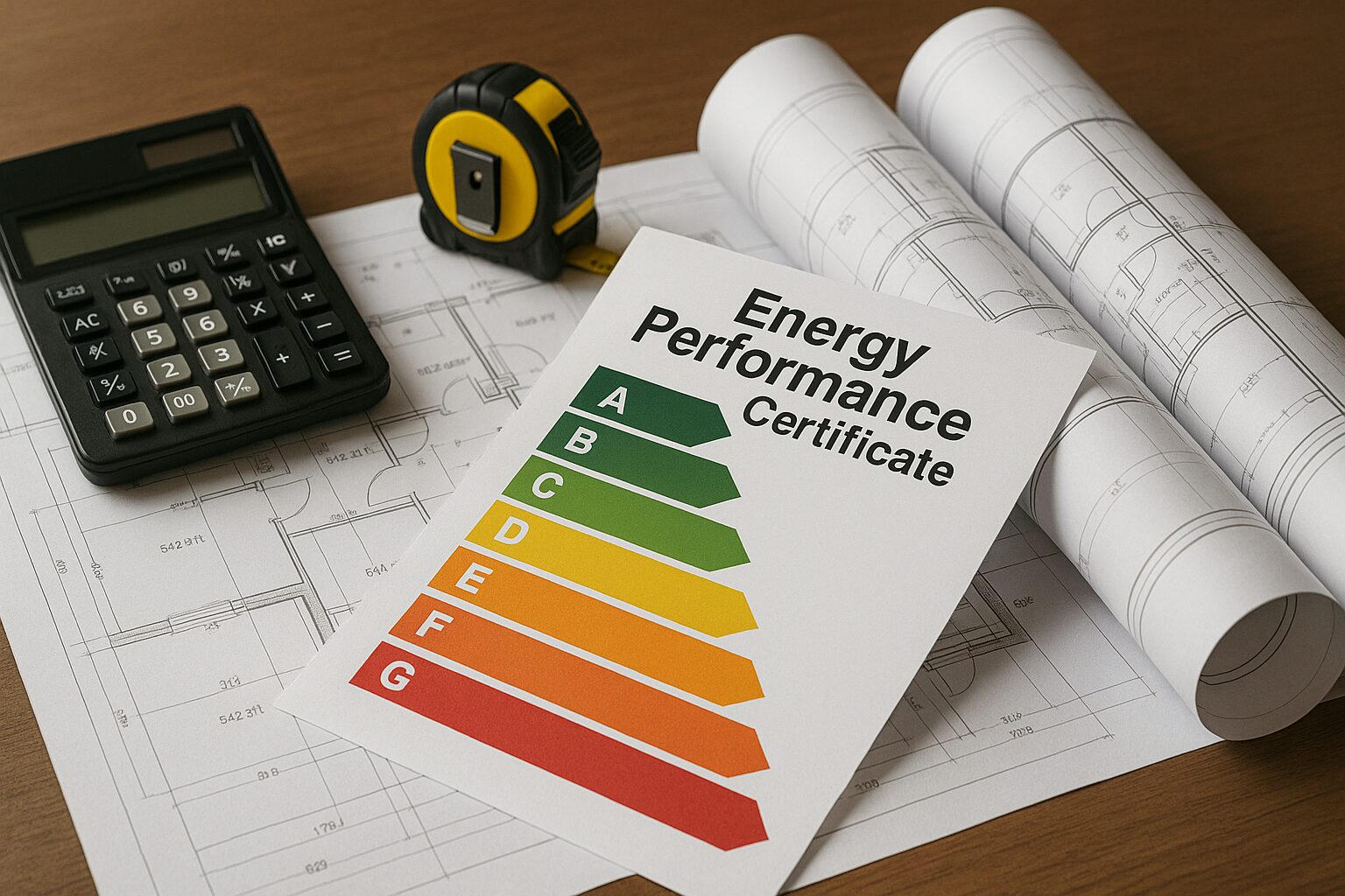 A wide photo showing an Energy Performance Certificate (EPC) on architectural plans, reflecting changes introduced by the EPC Rules 2025.
