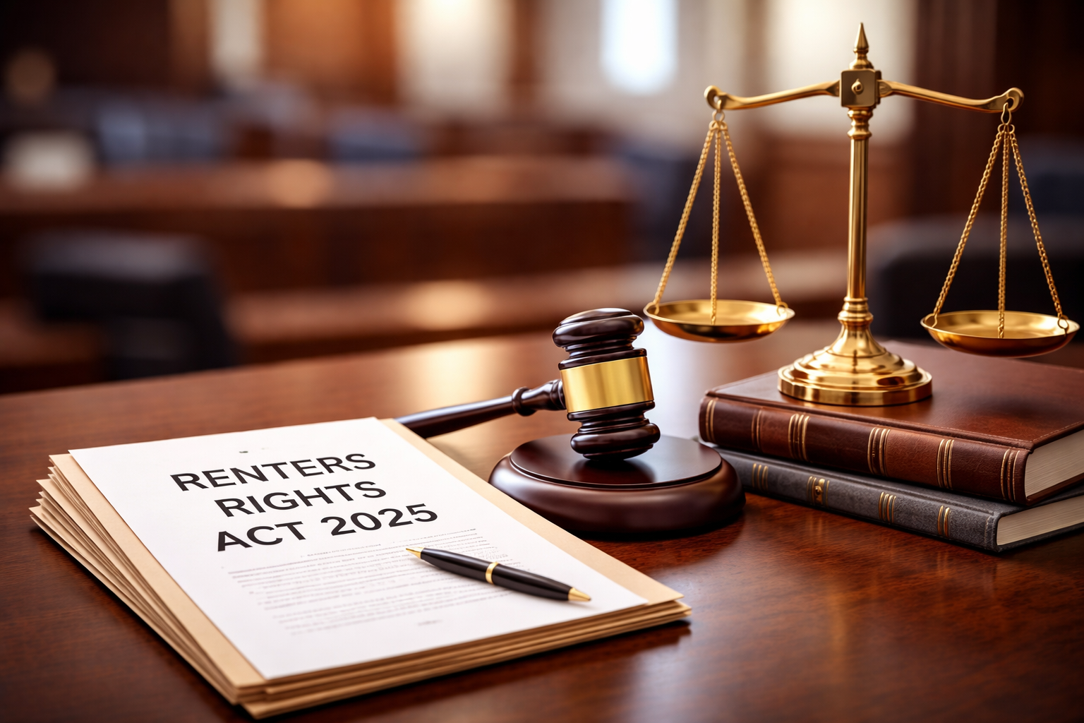 Renters Rights Act 2025 document beside a gavel and scales of justice