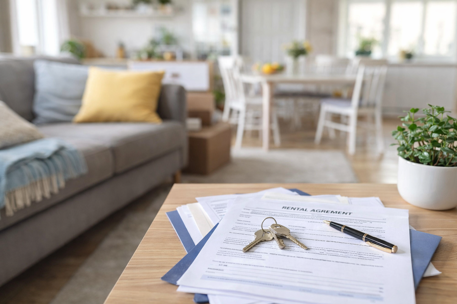 A bright, welcoming rental property at move in, with keys and tenancy documents laid out neatly in a well presented living space