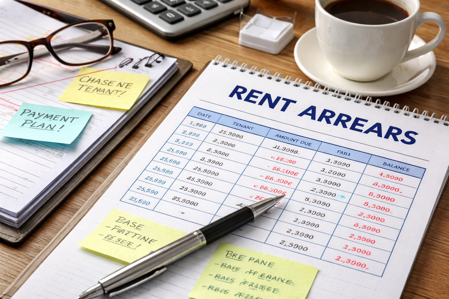 Close up of organised rent arrears paperwork, including a rent ledger, calendar and notes for property management