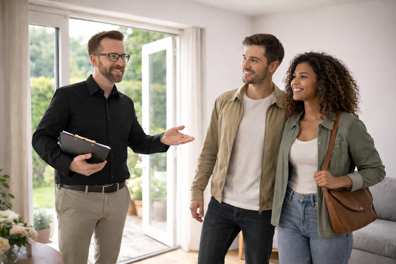 Rental discrimination guidance shown during a professional property viewing with an estate agent and prospective tenants