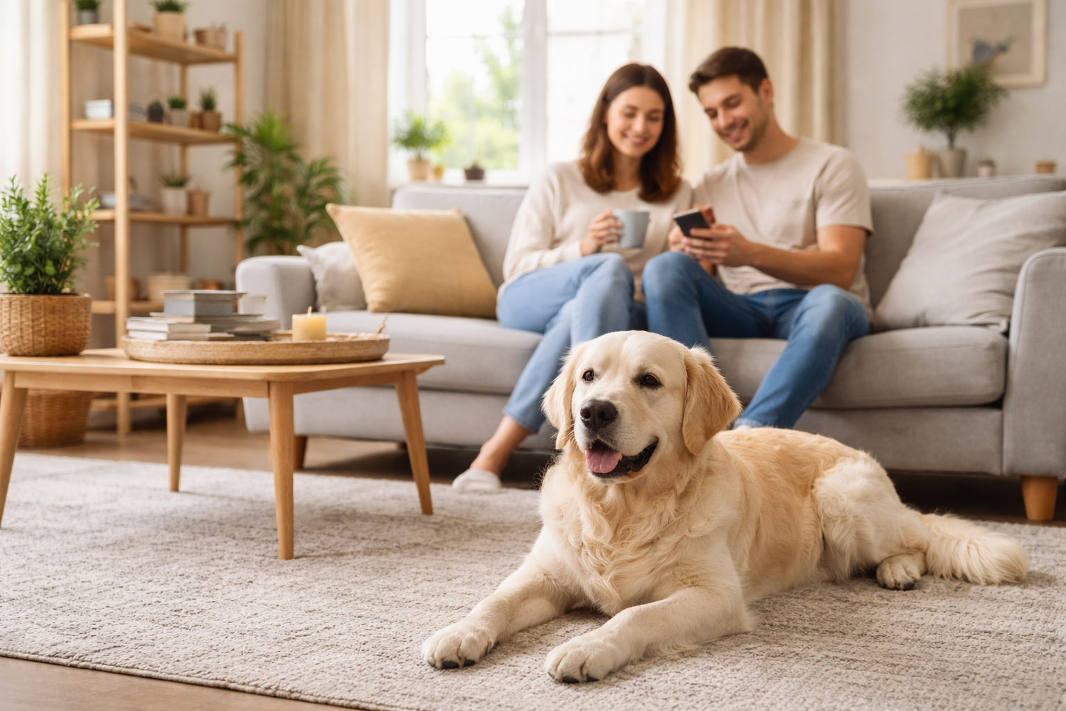 Calm dog with tenant in a tidy rental home interior
