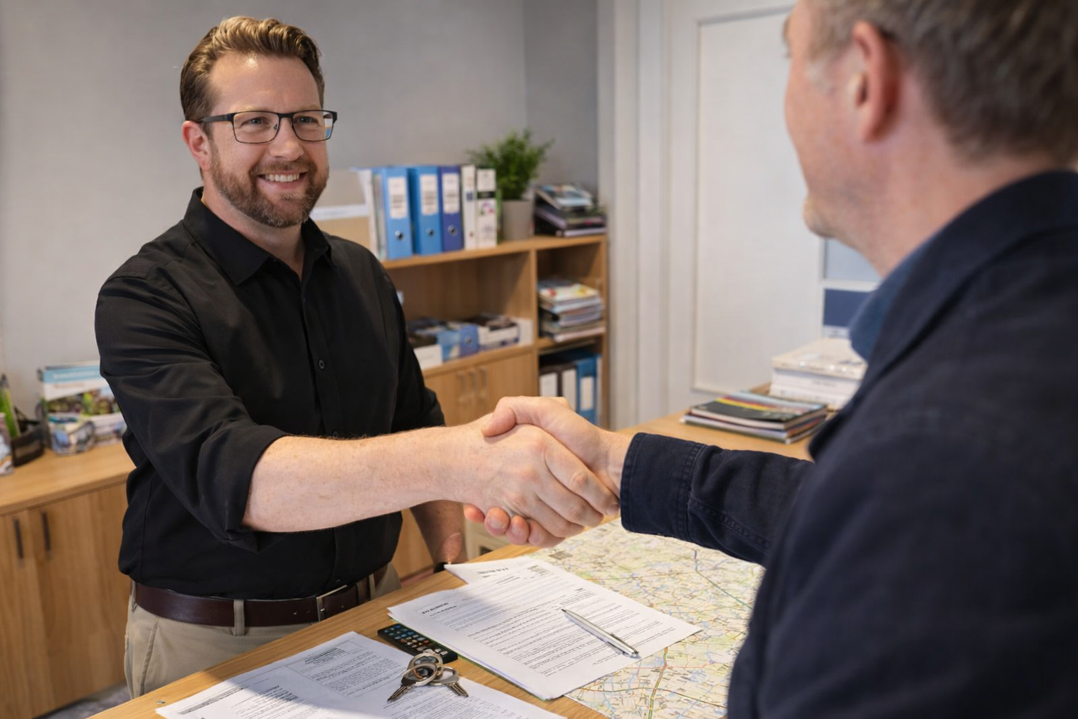 Letting agent shaking hands with a guarantor in a bright property office with paperwork, keys and local map