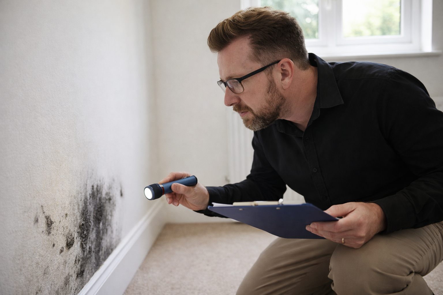 Letting professional inspecting damp, ventilation and mould risk in a clean rental property