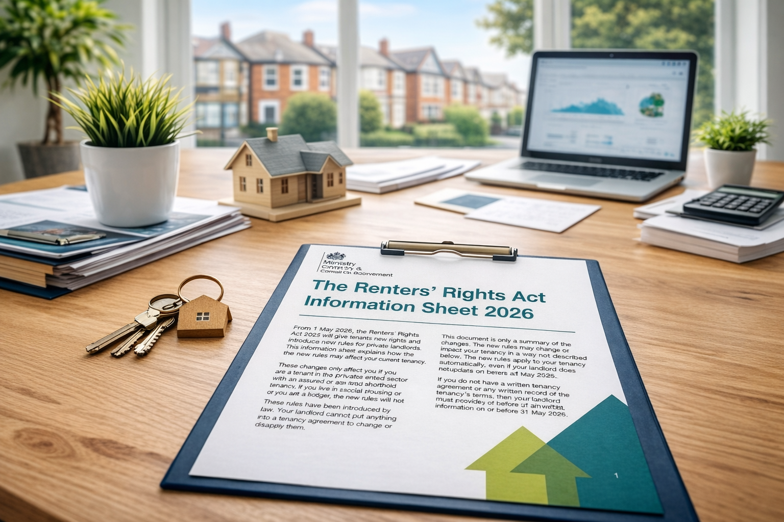 Renters’ Rights Act Information Sheet on a desk in a bright lettings office in Burton upon Trent