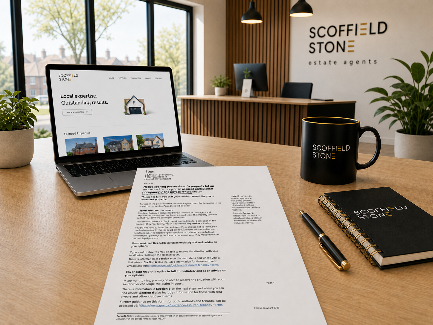 Estate agency office desk with Form 3A Section 8 notice ready for completion under the Renters Rights Act 2025